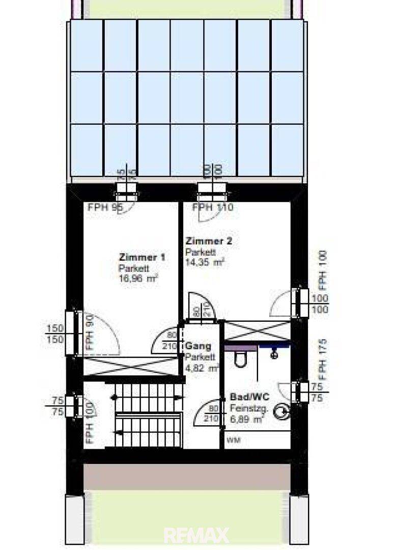 Grundriss der oberen Etage mit zwei Schlafzimmern, Bad und Flur.