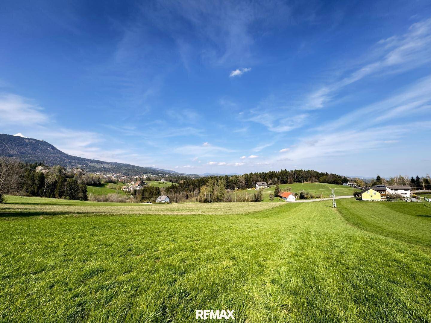 Panoramablick über weite grüne Felder mit Bergen und einer kleinen Ortschaft am Horizont.