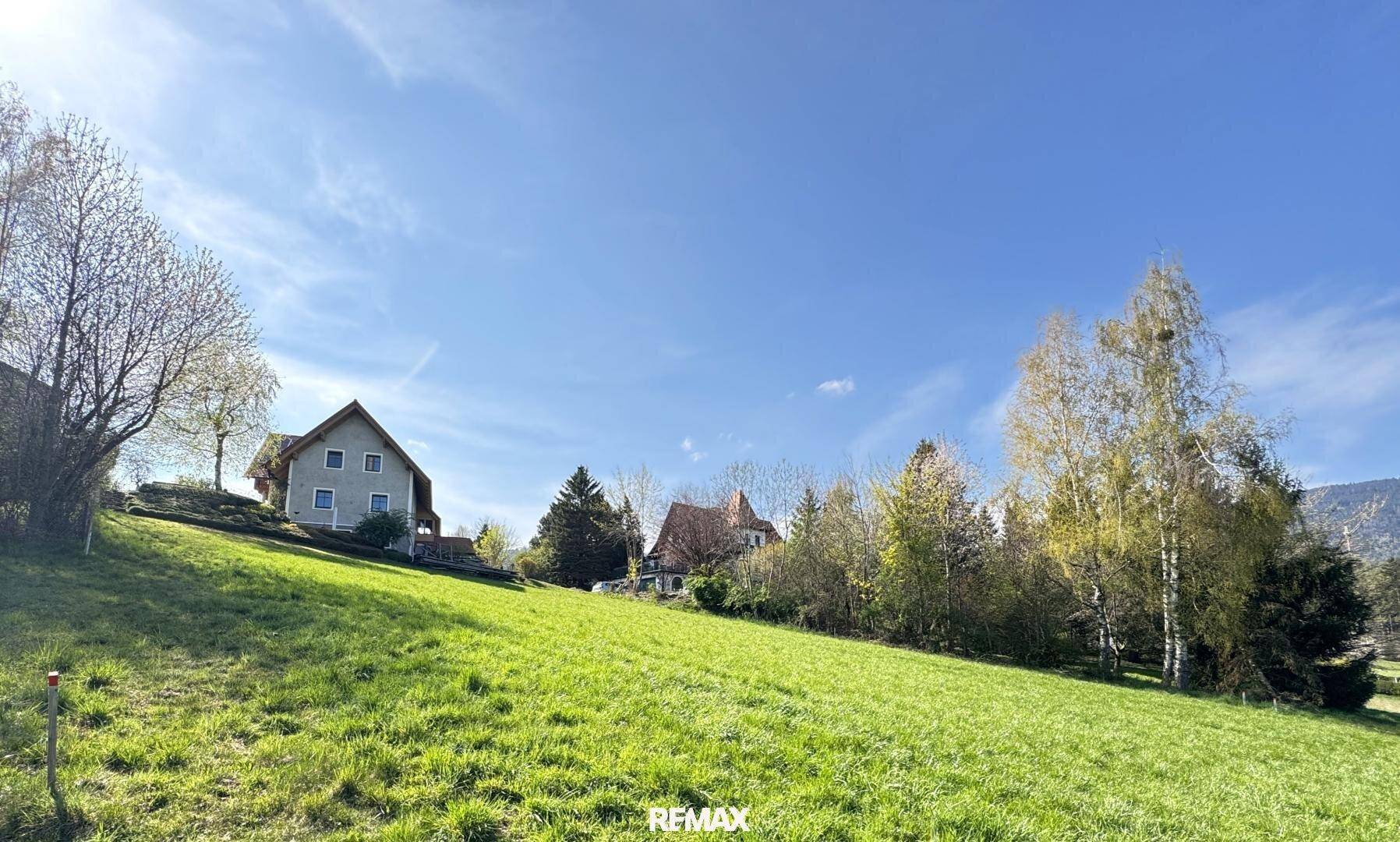 Grüne Hanglage mit mehreren Wohnhäusern und Bäumen unter strahlend blauem Himmel.