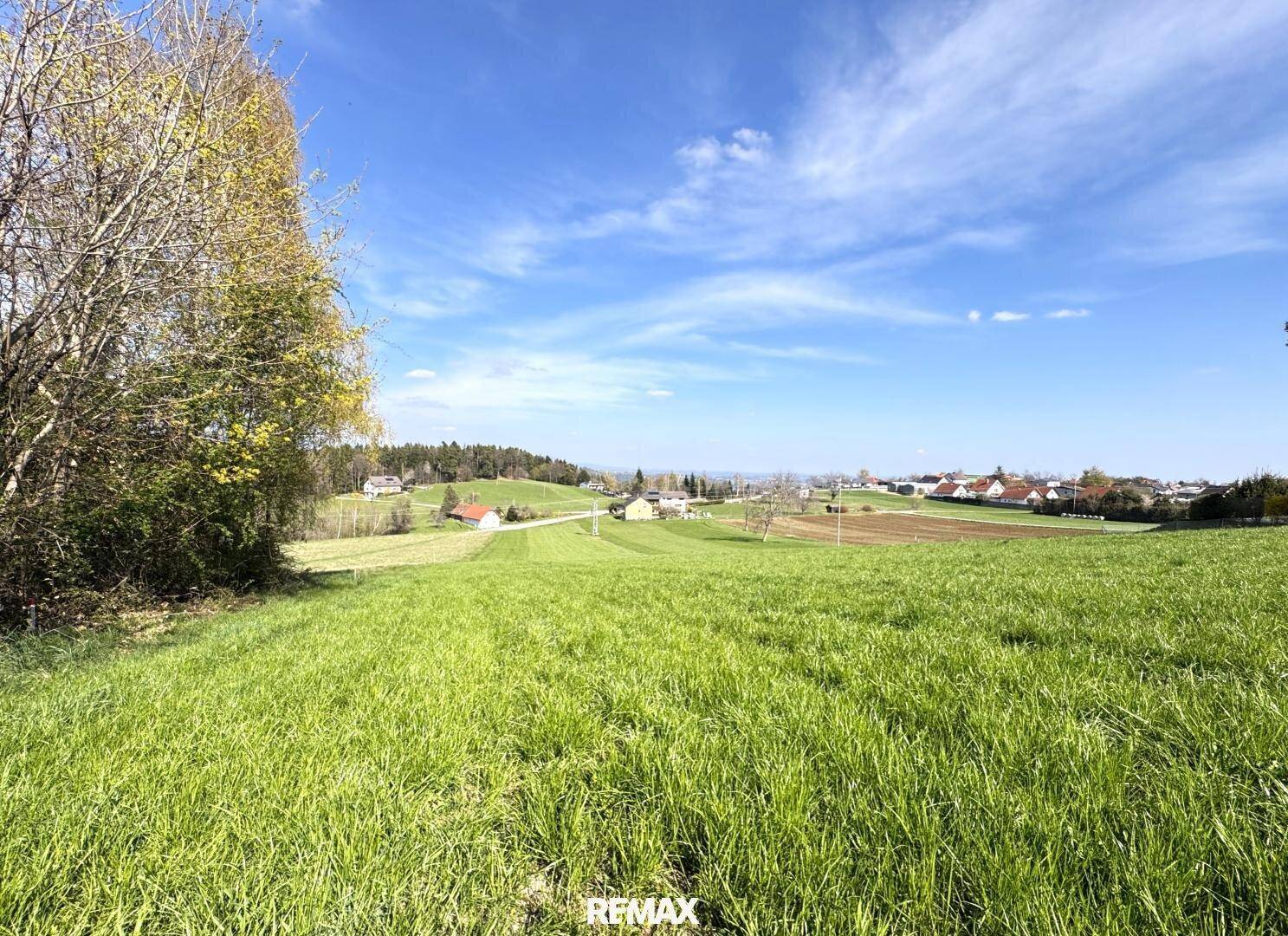 Ausgedehnte grüne Wiesen mit Blick auf eine ländliche Siedlung in der Ferne.