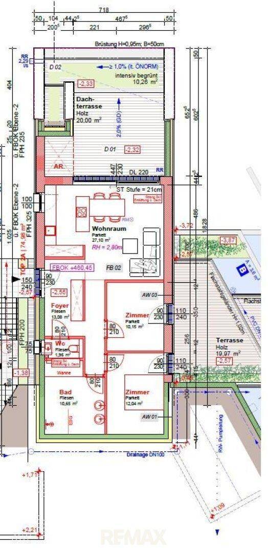 Detaillierter Grundriss einer Wohneinheit mit Wohnraum, Zimmern, Bad und Dachterrasse.