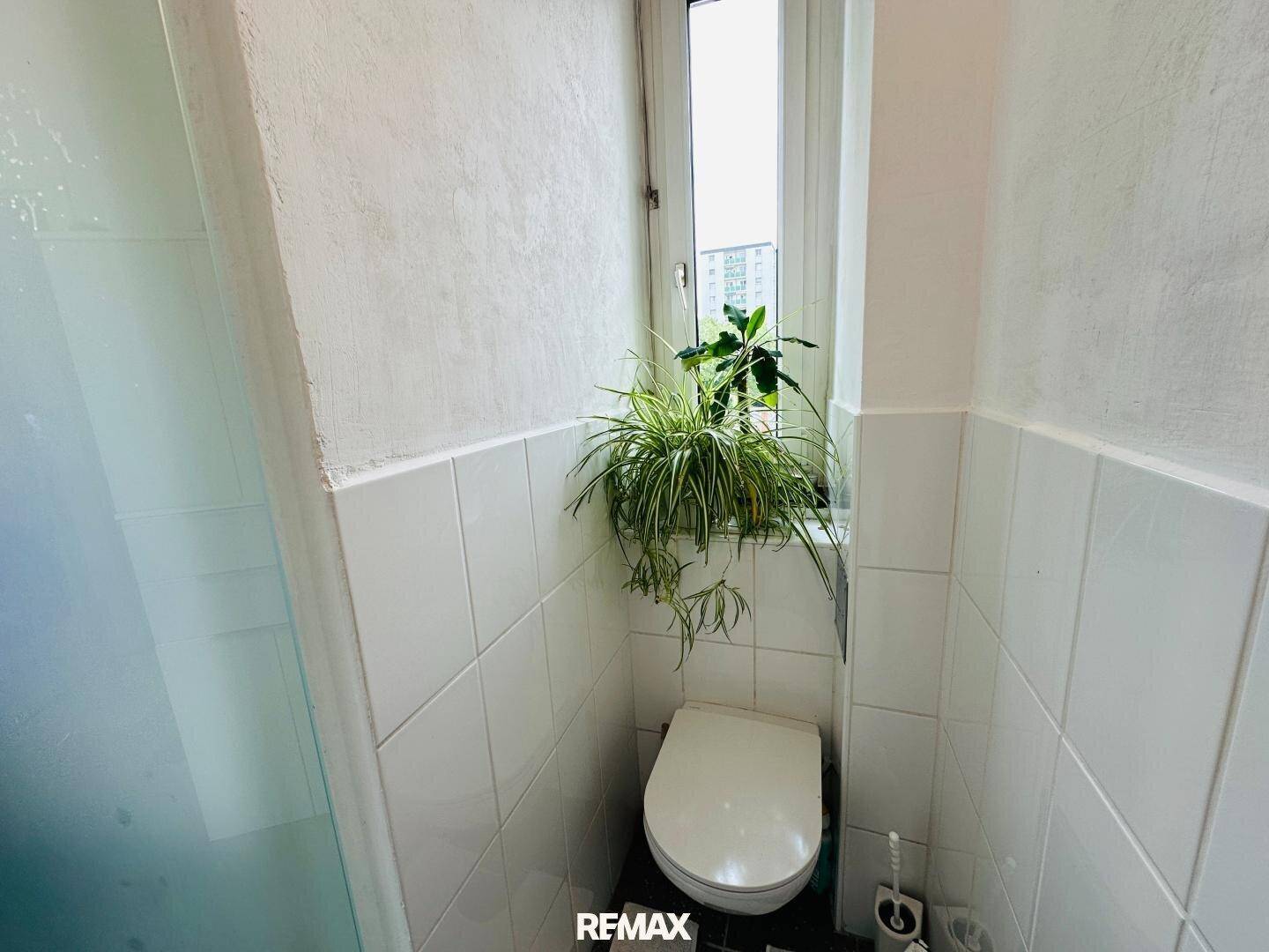 Separates WC mit Toilette und kleinem Fenster für Belüftung.