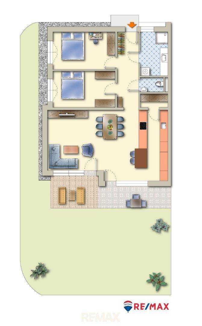 Grundriss einer Wohnung mit zwei Schlafzimmern, offenem Wohnbereich und Terrasse.