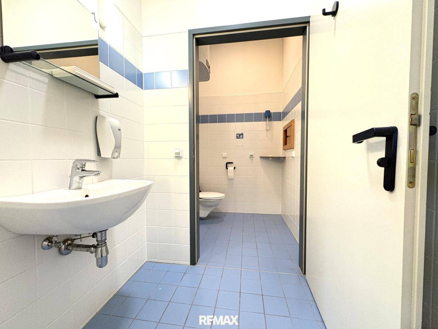 Badezimmer mit blauen Fliesen, weißem Waschbecken und Toilette, ausgestattet mit Wandfliesen.