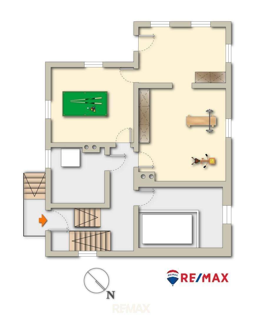 Grundriss des Untergeschosses mit Billardtisch, Fitnessbereich und Zugang zur Treppe.