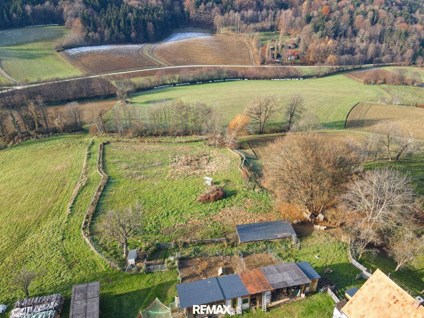 Luftaufnahme einer weiten Landschaft mit Feldern, Bäumen und einigen kleinen Gebäuden im Herbstlicht.