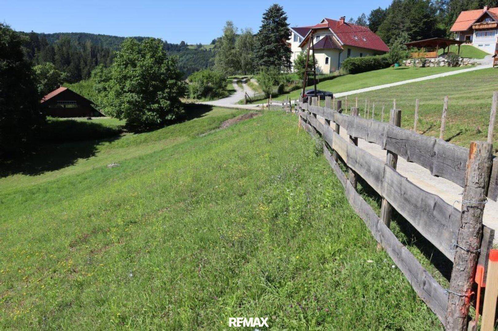 Grüne Wiese mit rustikalem Holzzaun und Häusern in der Ferne unter strahlend blauem Himmel.