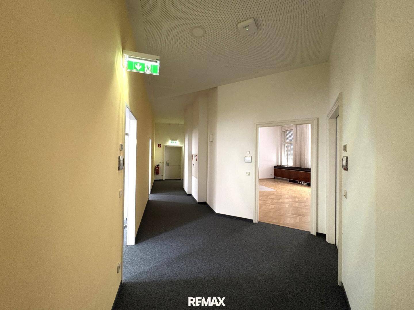 Langer Flur mit dunklem Teppichboden, hellen Wänden und mehreren Türen, die zu verschiedenen Räumen führen.