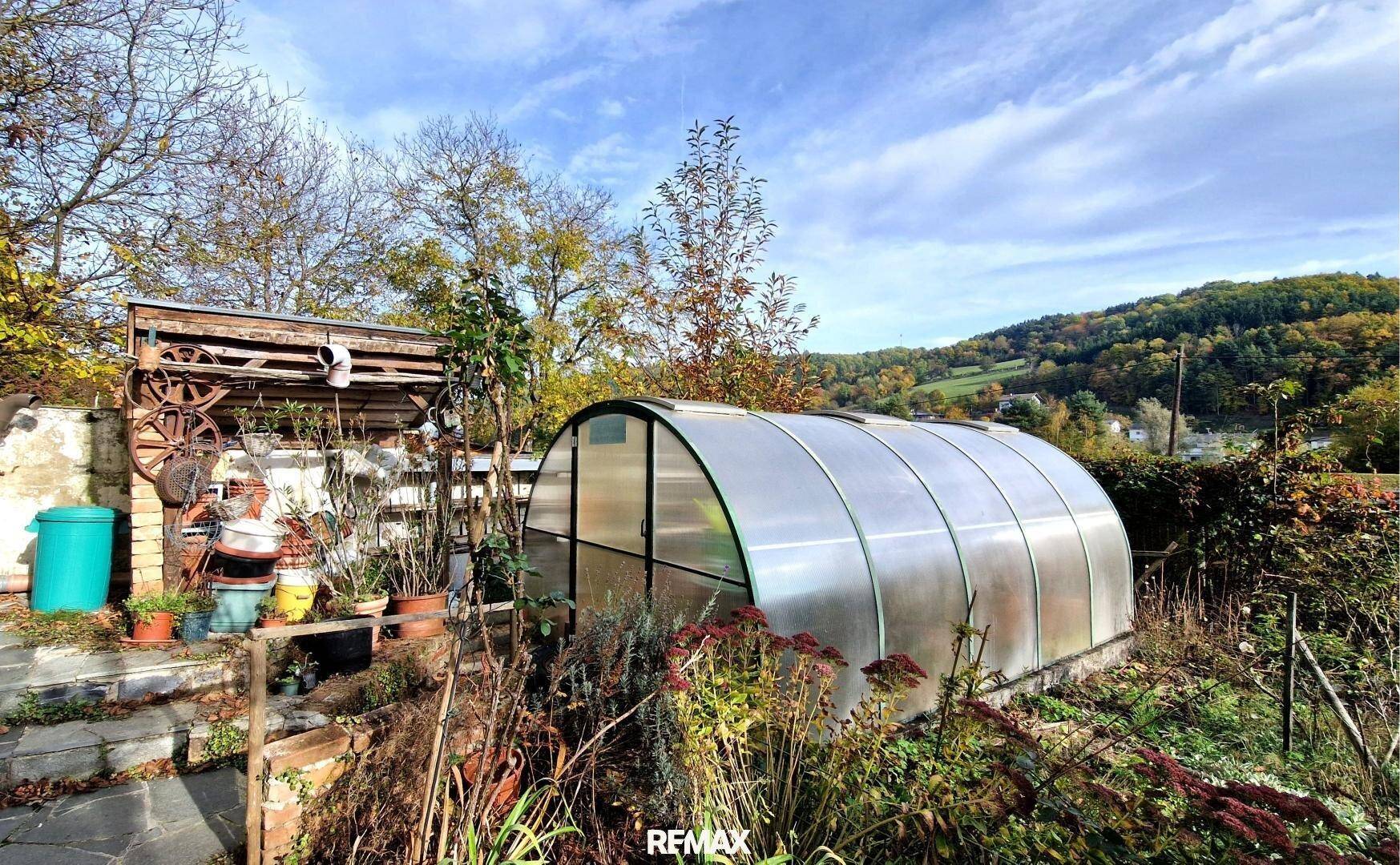 Gartenbereich mit Gewächshaus, verschiedenen Pflanzen und einem Schuppen vor einer hügeligen Landschaft.