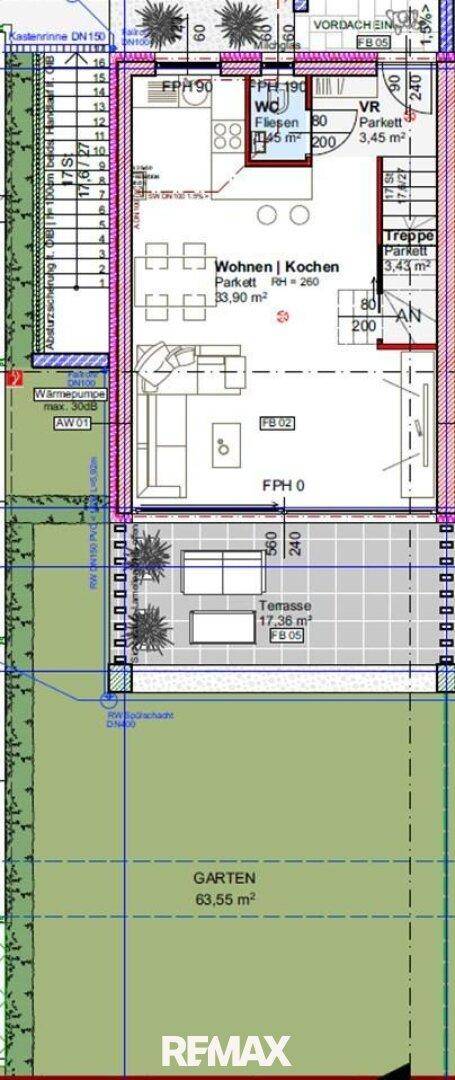Grundriss des Erdgeschosses mit offenem Wohn-Küchenbereich, Terrasse und Garten.