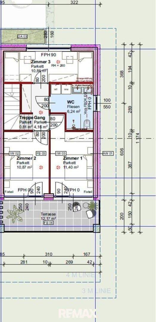 Grundriss des Obergeschosses mit drei Schlafzimmern, WC und einer weiteren Terrasse.