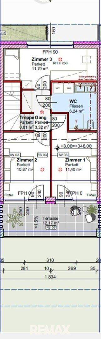 Grundriss des Obergeschosses mit drei Schlafzimmern, WC und einer weiteren Terrasse.