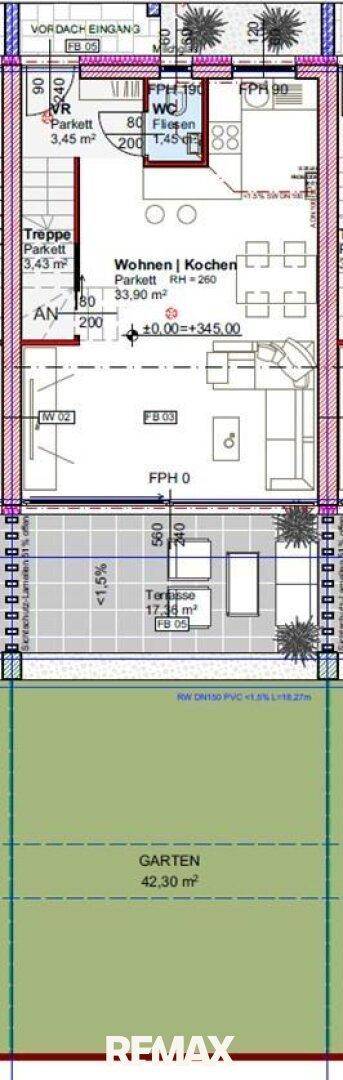 Grundriss des Erdgeschosses mit offenem Wohn-Küchenbereich, Terrasse und Garten.