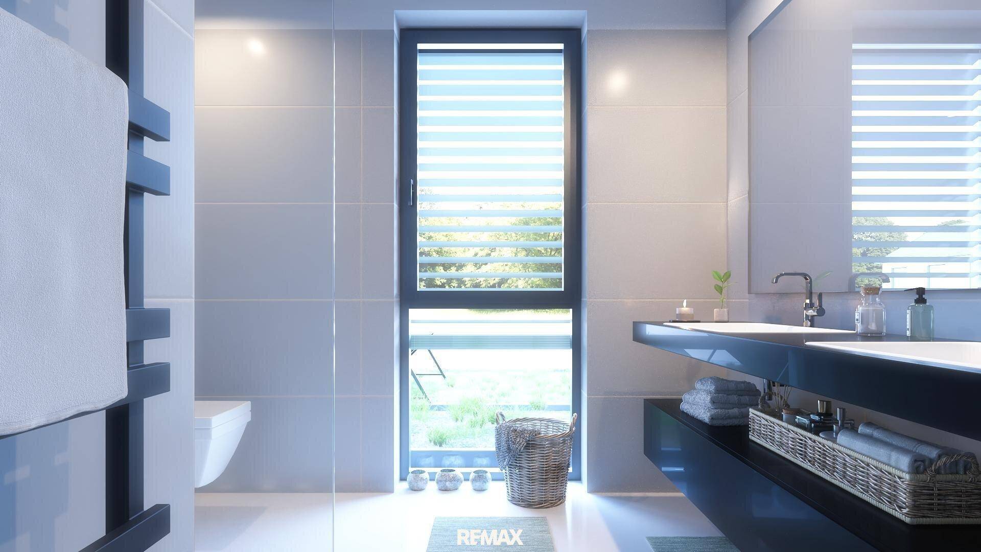 Modernes Badezimmer mit großem Fenster, Einzelwaschbecken und beheiztem Handtuchhalter.