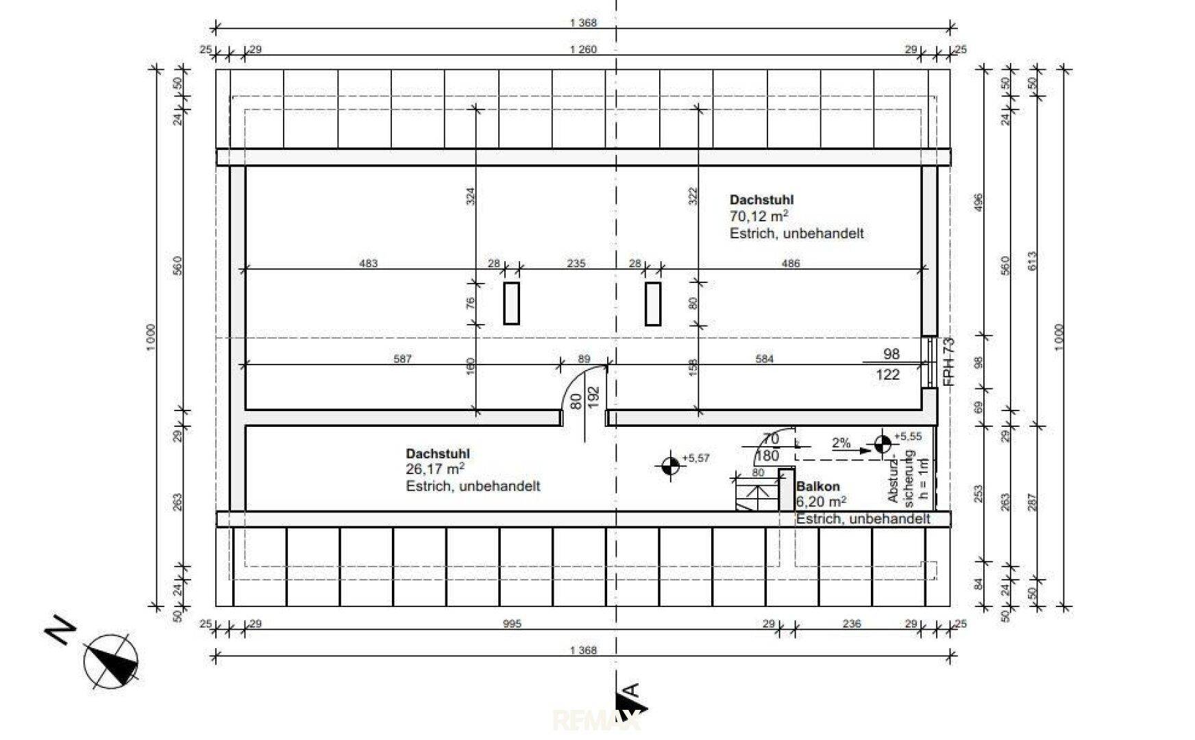 Grundriss des Dachgeschosses mit unbehandeltem Estrich und sichtbarem Dachstuhl.