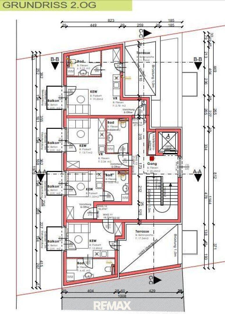 Grundriss des zweiten Obergeschosses mit mehreren Wohnungen, Balkonen und Terrassen.