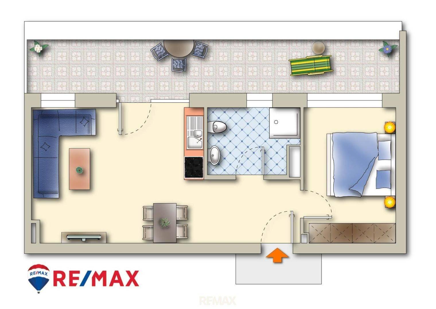 Detaillierter Grundriss einer Wohnung mit offenem Wohnbereich, Schlafzimmer und großem Balkon.