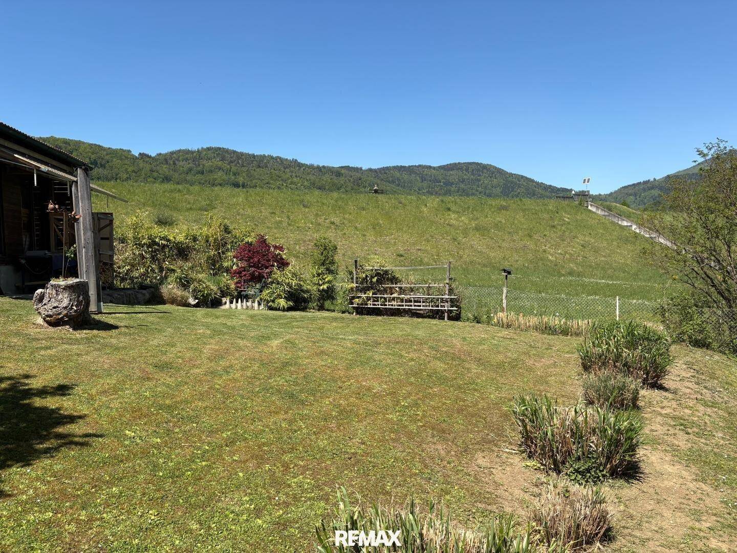 Weitläufige Rasenfläche mit Blick auf sanfte Hügel und grüne Landschaft unter strahlend blauem Himmel.