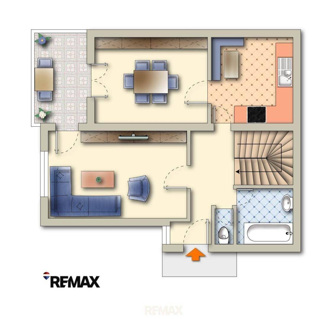 Grundriss des Erdgeschosses mit Wohnzimmer, Essbereich, Küche und Bad.