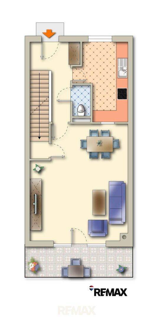Grundriss des Erdgeschosses mit Wohn-Essbereich, Küche, WC und einer Terrasse.