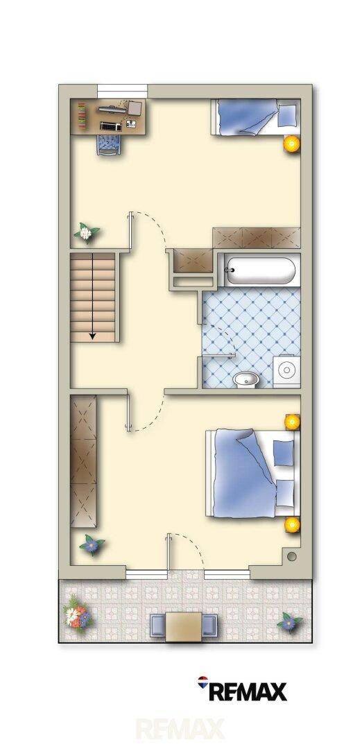 Grundriss des Obergeschosses mit zwei Schlafzimmern, einem Badezimmer und einem Balkon.
