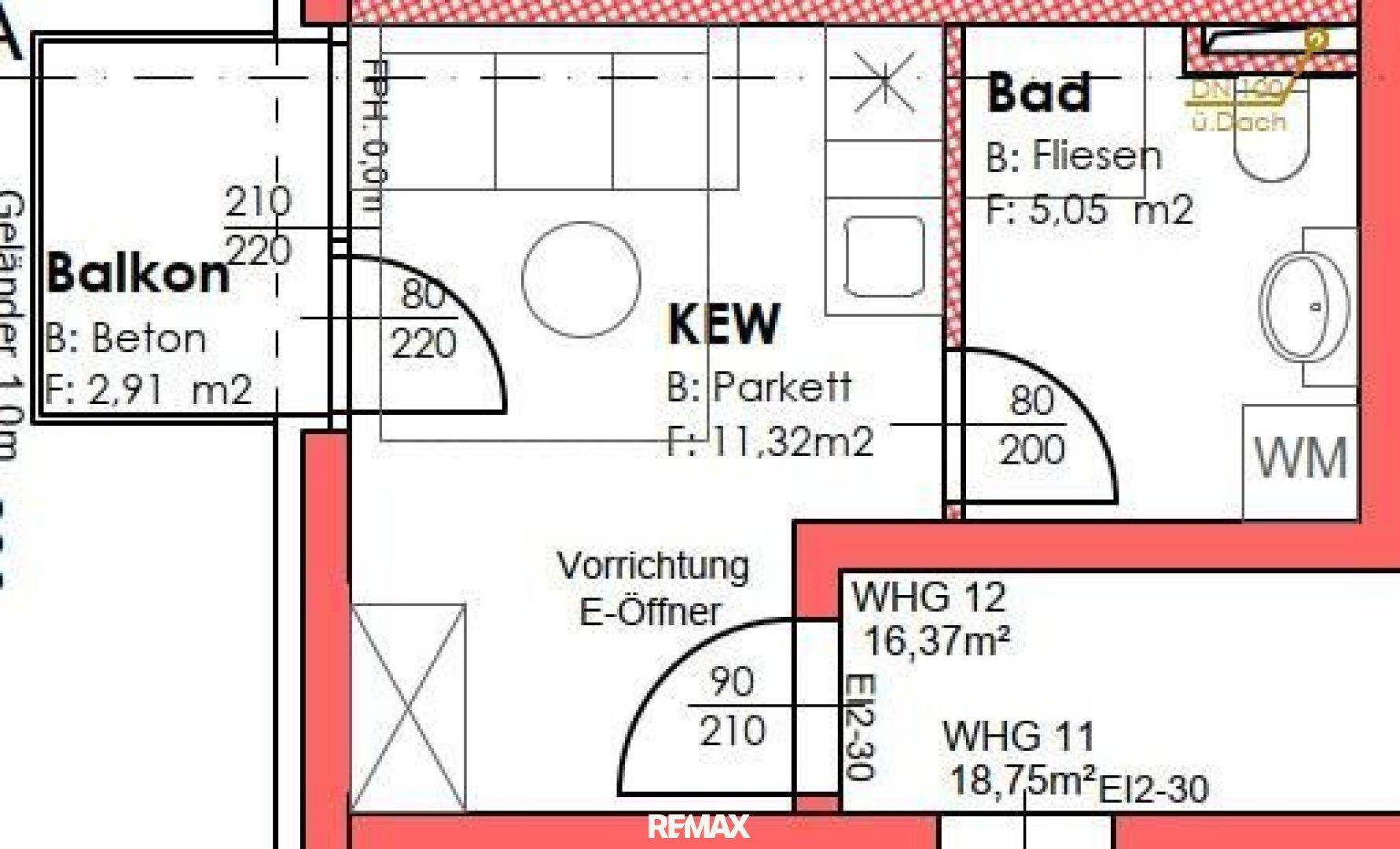 Detaillierter Grundriss einer Wohnung mit Balkon, Bad und offenem Wohnbereich.