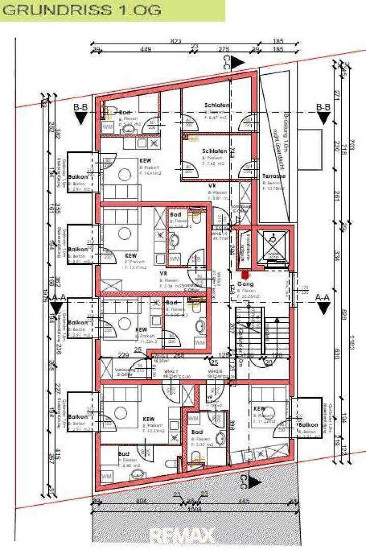 Grundriss des ersten Obergeschosses mit mehreren Wohneinheiten, Balkonen und Terrassen.