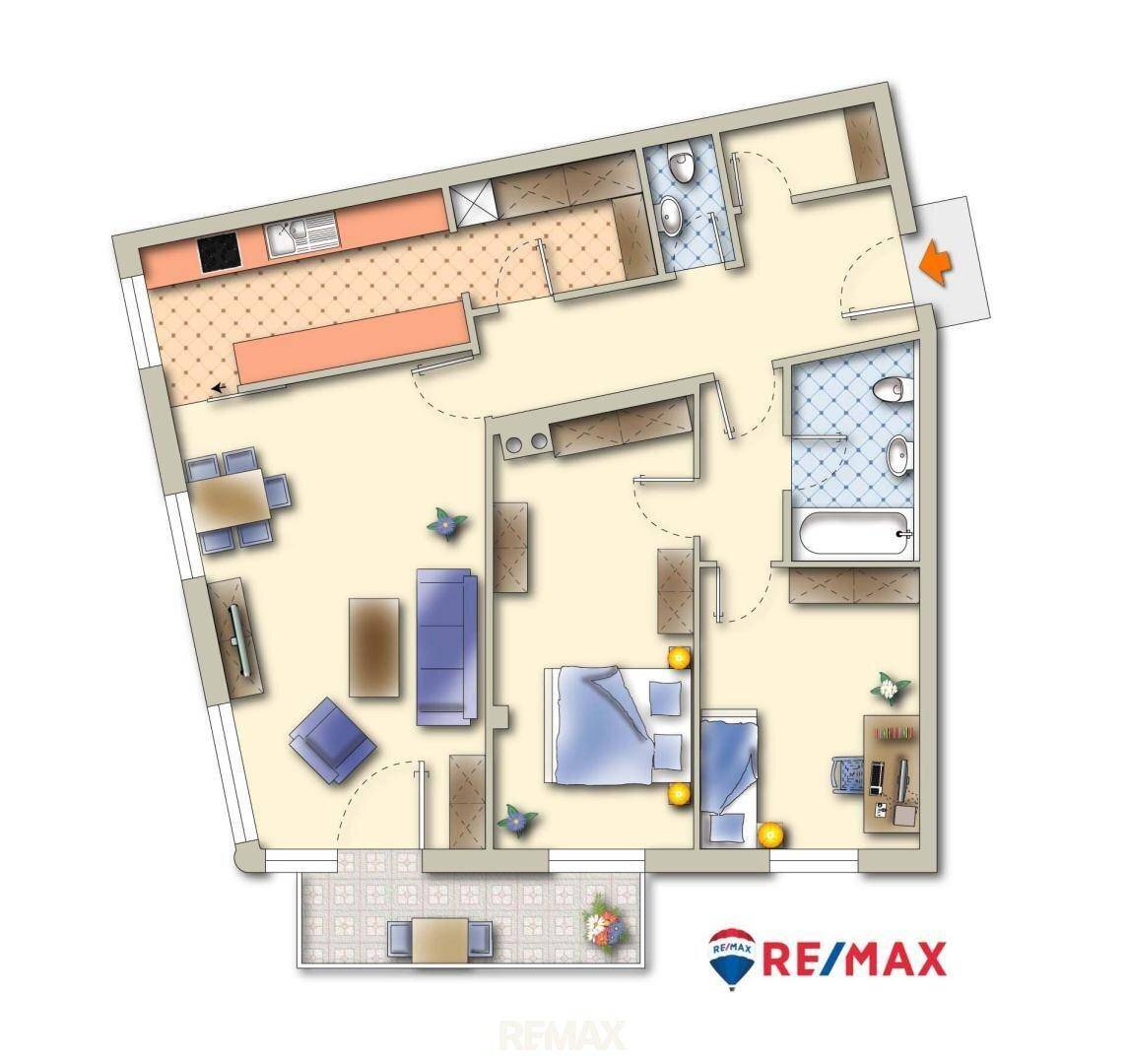 Detaillierter Grundriss einer Wohnung mit Küche, Wohnzimmer, Schlafzimmer und zwei Bädern.