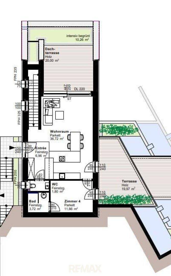 Grundriss mit Wohnraum, Bad, WC, einem weiteren Zimmer und einer großzügigen Dachterrasse.