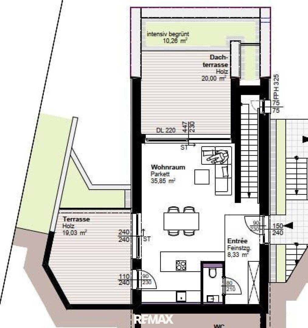 Grundriss des Obergeschosses mit Wohnraum, Entrée, Dachterrasse und weiterer Terrasse.