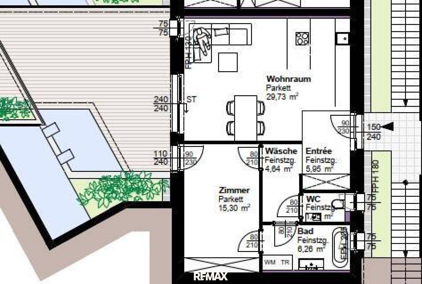 Detaillierter Grundriss mit offenem Wohnraum, Schlafzimmer, Bad, separatem WC und Poolbereich.