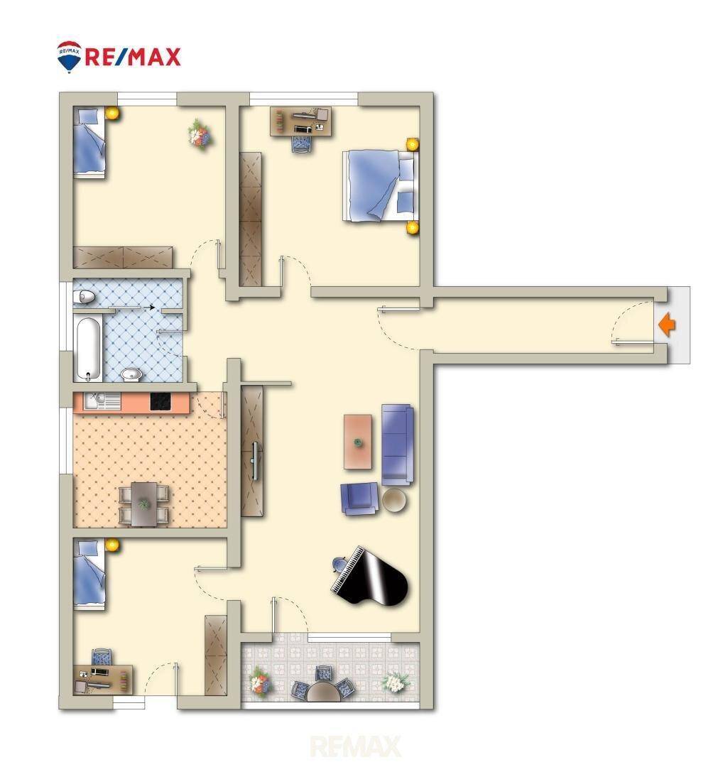 Übersichtlicher Grundriss der Wohnung mit drei Schlafzimmern und Balkon.