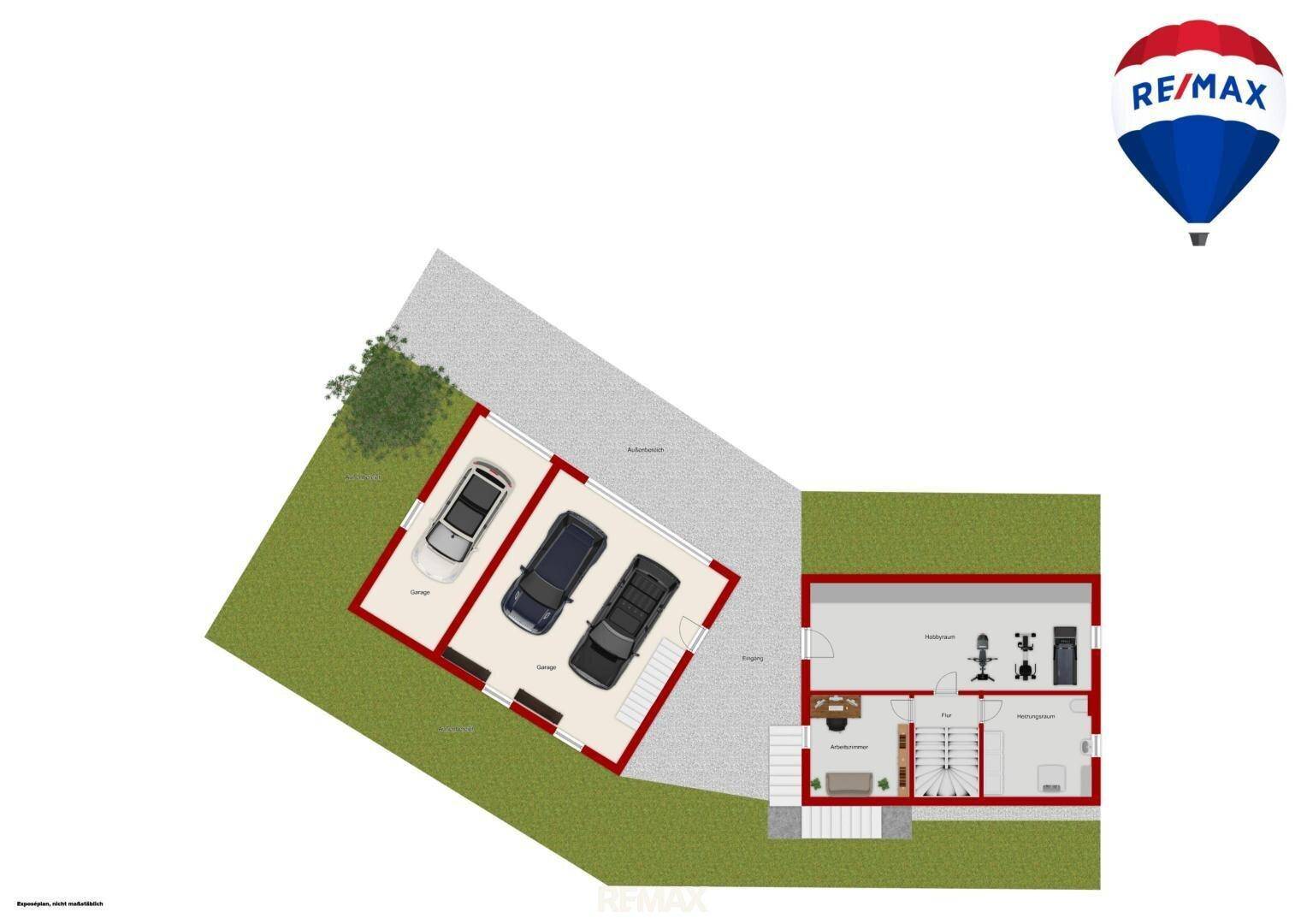 Gesamtübersicht des Grundstücks mit Doppelgarage, Zufahrt und Hausgrundriss.