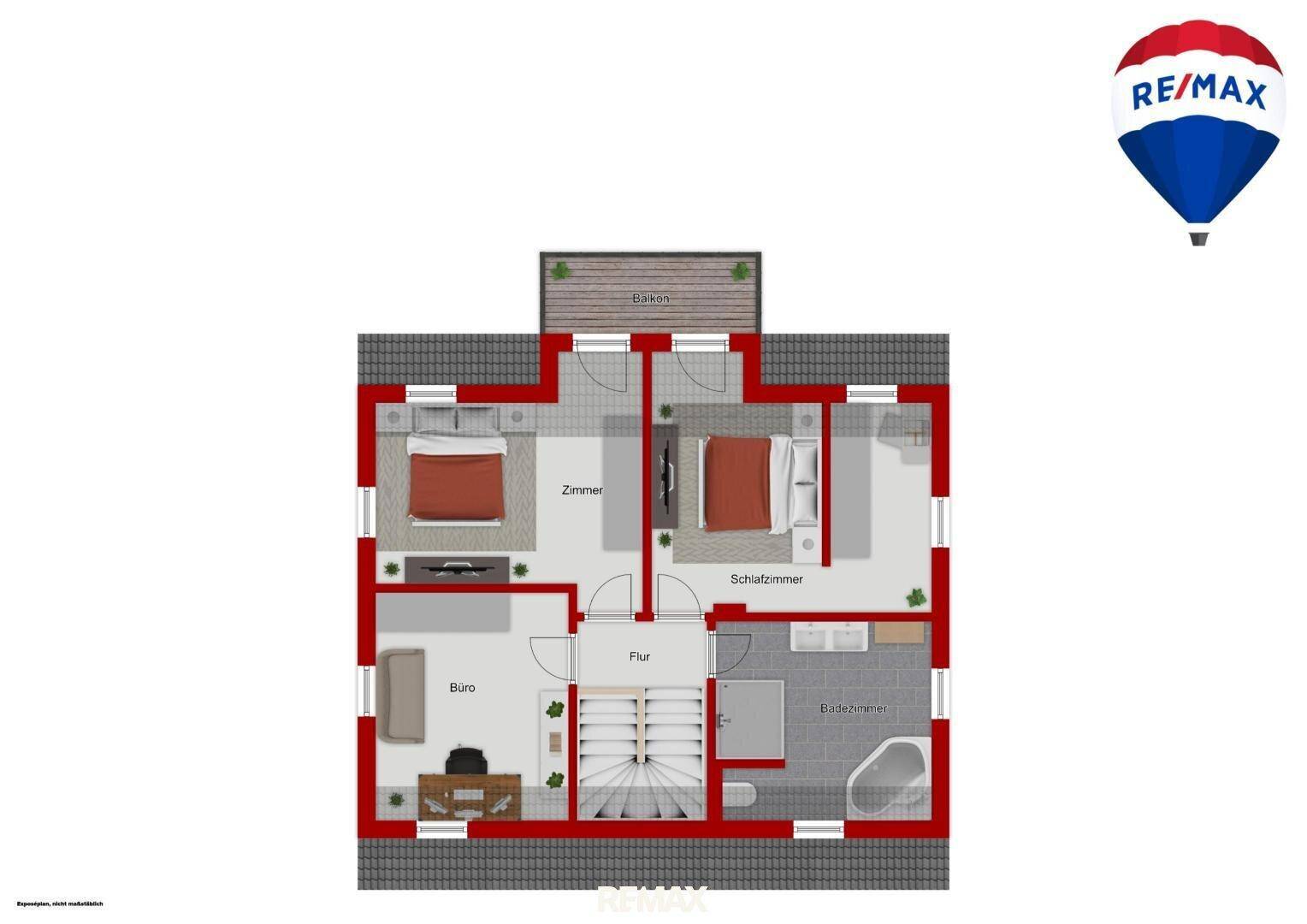 Grundriss des Obergeschosses mit zwei Schlafzimmern, Büro, Badezimmer und Balkon.