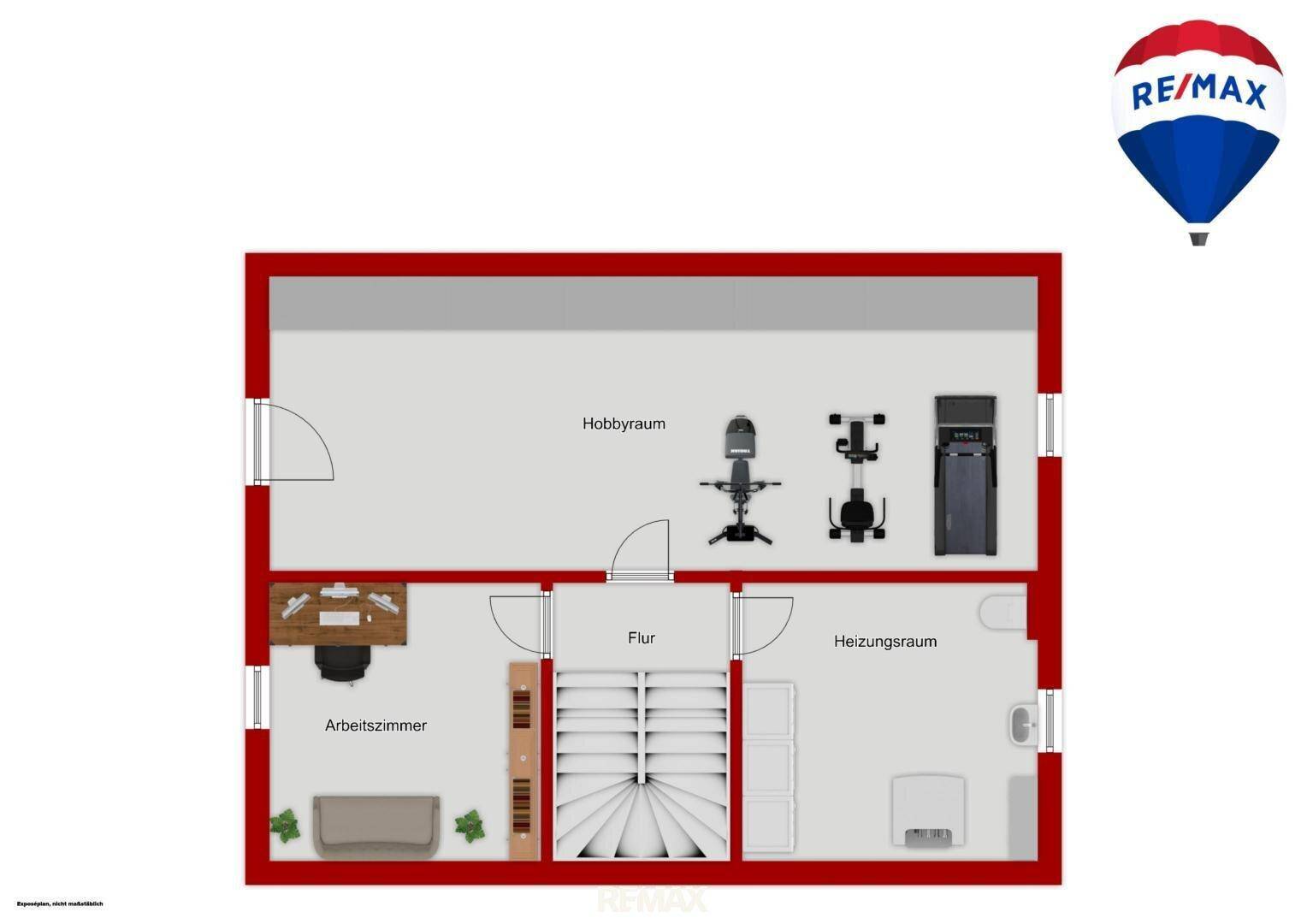 Grundriss des Untergeschosses mit Hobbyraum, Arbeitszimmer und Heizungsraum.