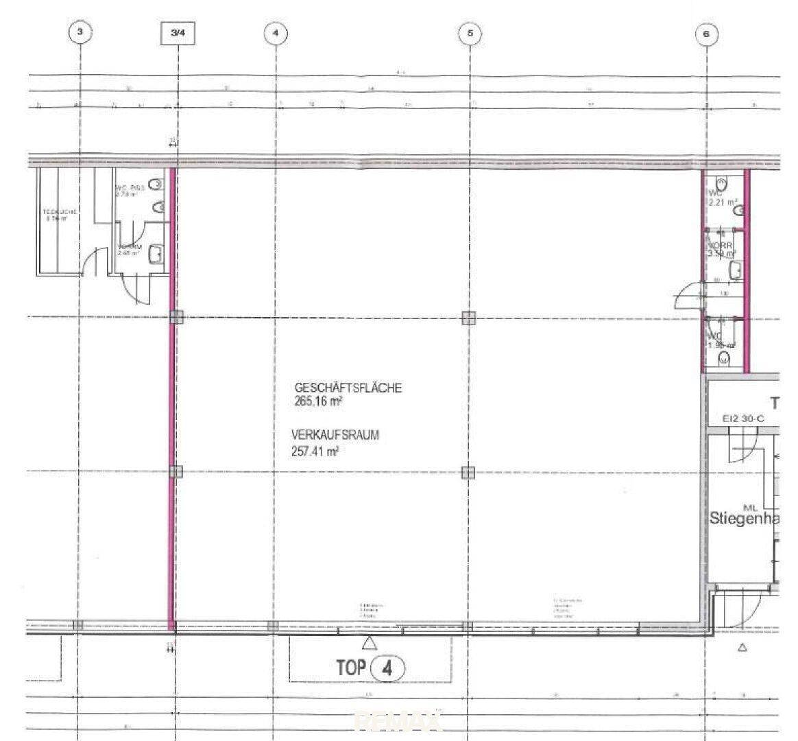 Grundrissplan einer Geschäftsfläche von 265,16 m² mit Verkaufsraum und Toilettenbereichen.