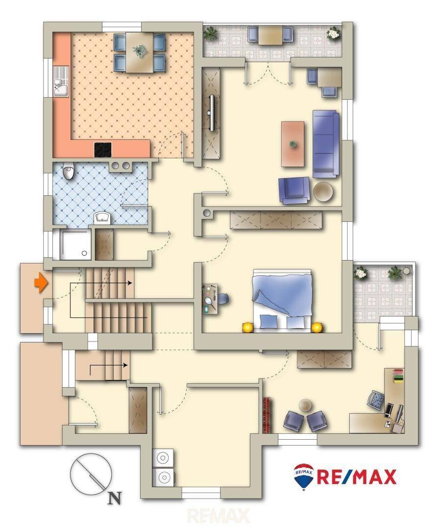 Grundriss des Hauptgeschosses mit offener Küche, Wohnbereich, Schlafzimmer, Bad und Büro.