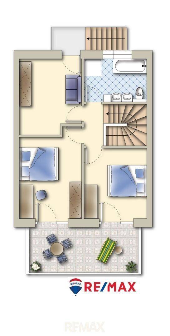 Grundriss des Obergeschosses mit Schlafzimmern, Bad und Balkon.