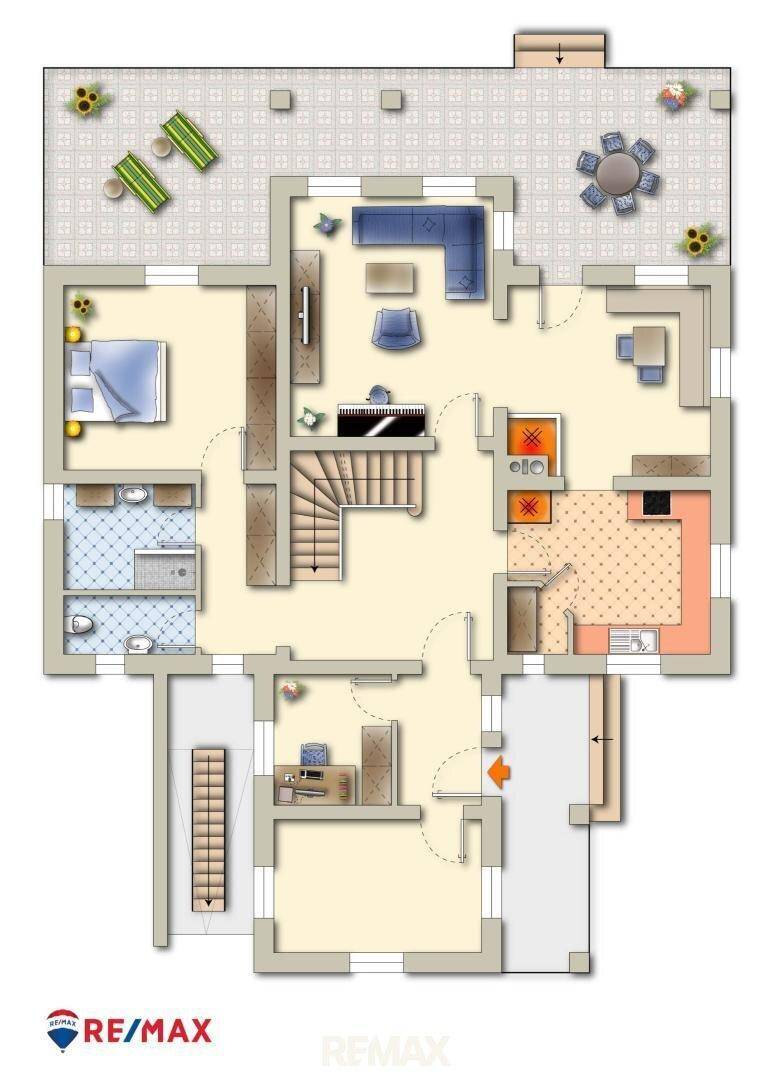 Detaillierter Grundriss des Erdgeschosses mit Wohnbereich, Küche und Terrasse.