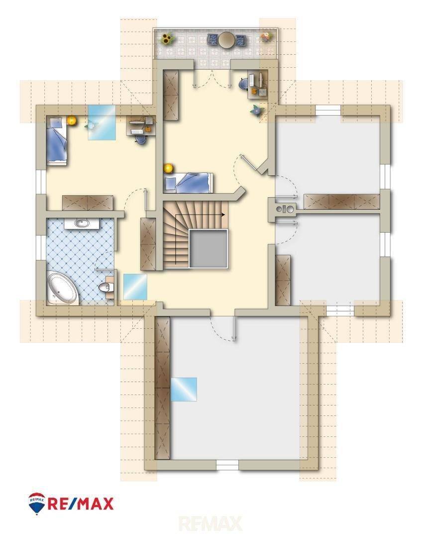 Grundriss des Obergeschosses mit Schlafzimmern, Bädern und Balkonzugang.