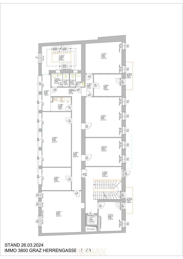 Detaillierter Grundriss eines weiteren Stockwerks mit verschiedenen Raumaufteilungen und Zugängen.