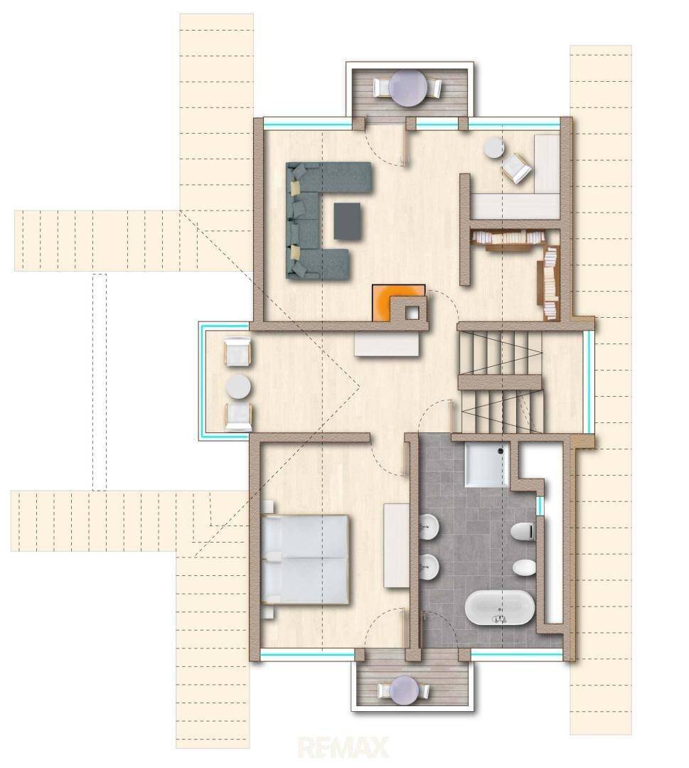 Grundrissplan mit offenem Wohnbereich, Schlafzimmer, Badezimmer und zwei Balkonen.