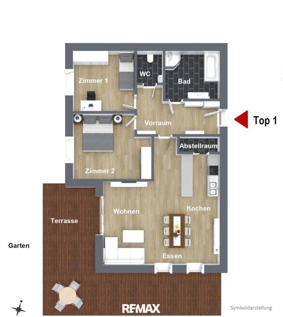 Grundriss einer Wohnung mit offenem Wohn-Essbereich, zwei Schlafzimmern, Bad, separatem WC und großer Terrasse mit Garten.