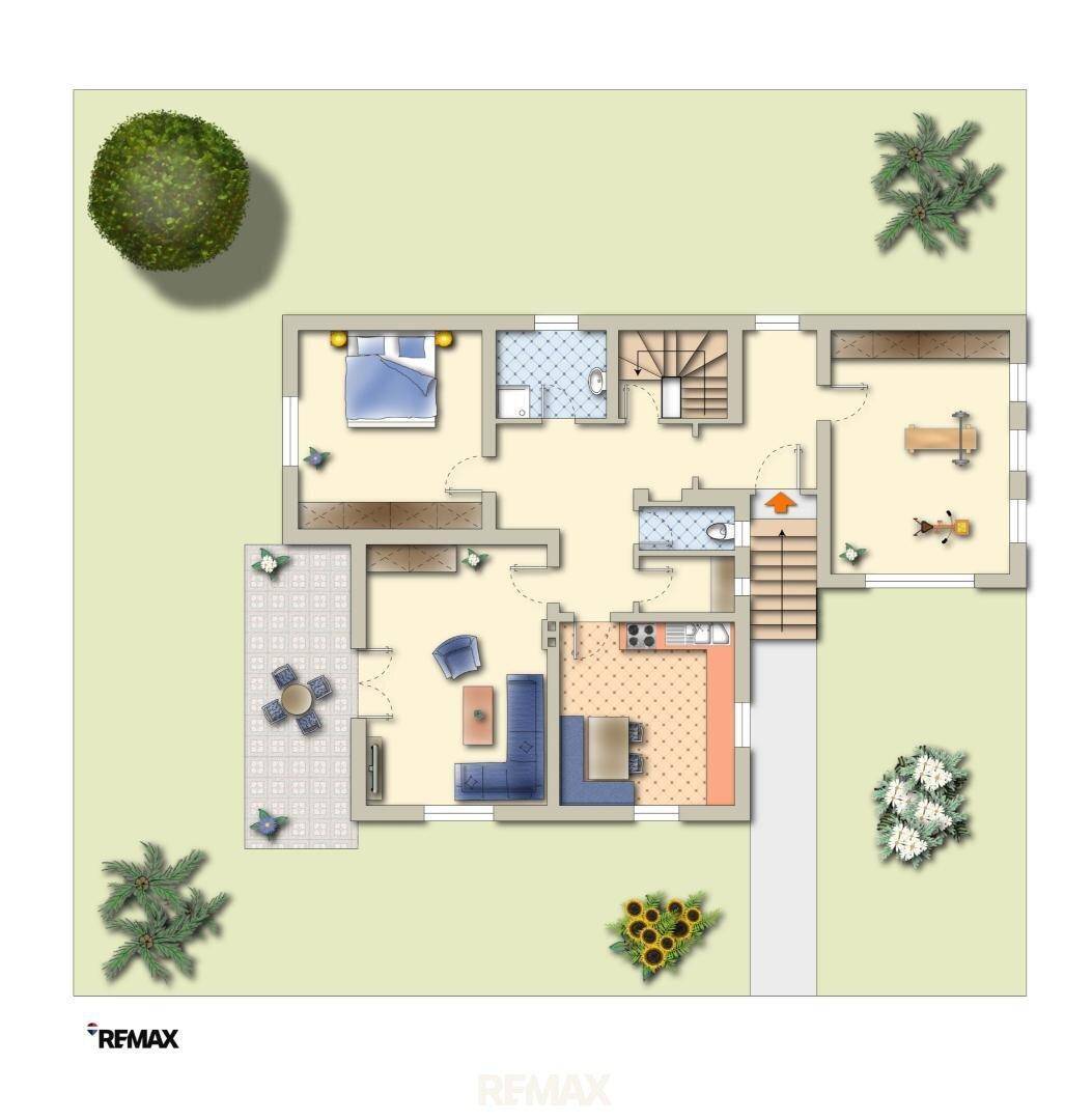 Grundriss des Erdgeschosses mit Wohnbereich, Küche, Schlafzimmer, Bädern und einer Außenterrasse.