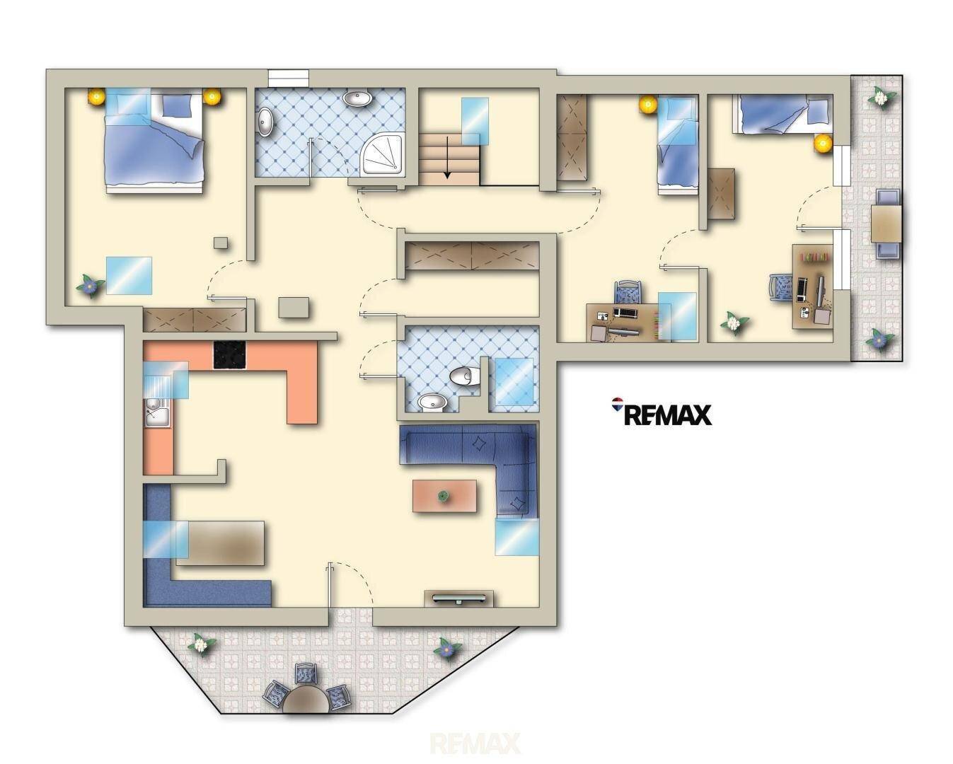 Grundriss des Obergeschosses mit mehreren Schlafzimmern, Bädern, einem Gäste-WC und einem Balkon.