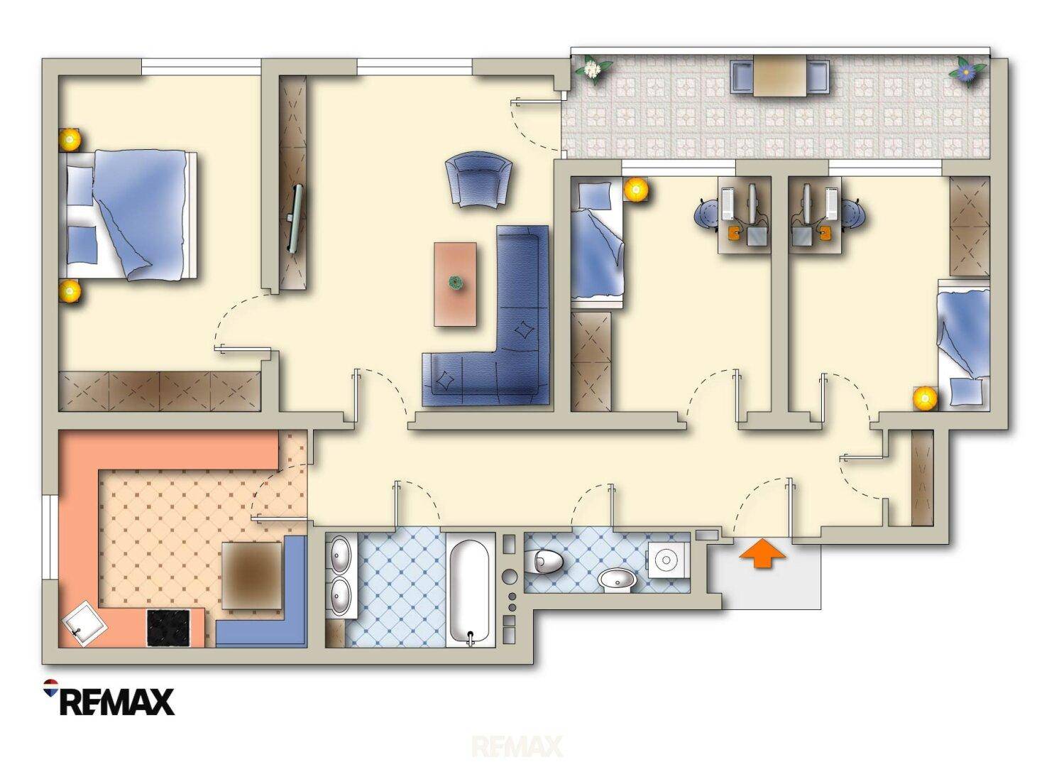 Detaillierter Grundriss einer Wohnung mit mehreren Zimmern und funktionaler Aufteilung für Bewohner.