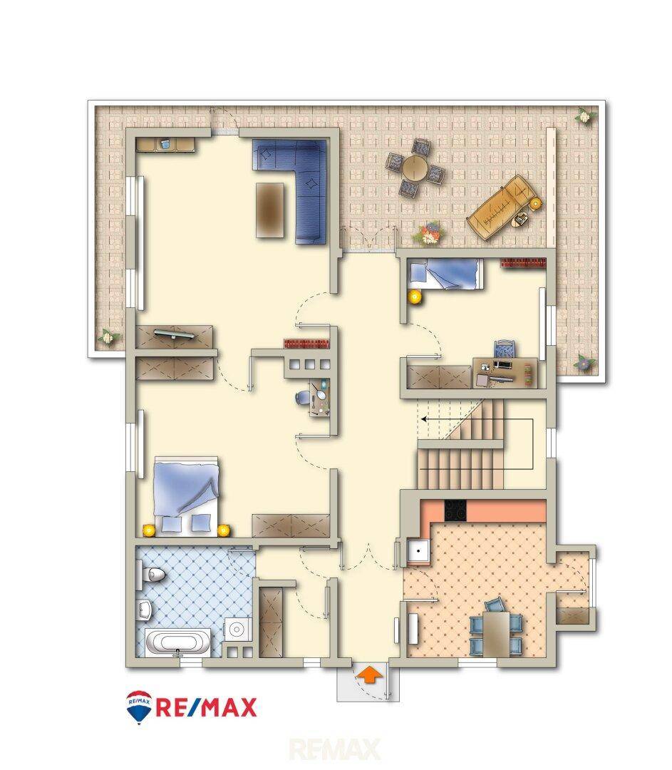 Detaillierter Grundriss des Erdgeschosses mit Terrasse, Balkon und offenem Wohnbereich.