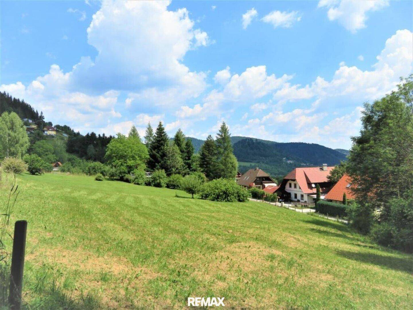 Weitläufige Landschaft mit mehreren Häusern, grünen Hügeln und Wäldern unter einem bewölkten Himmel.