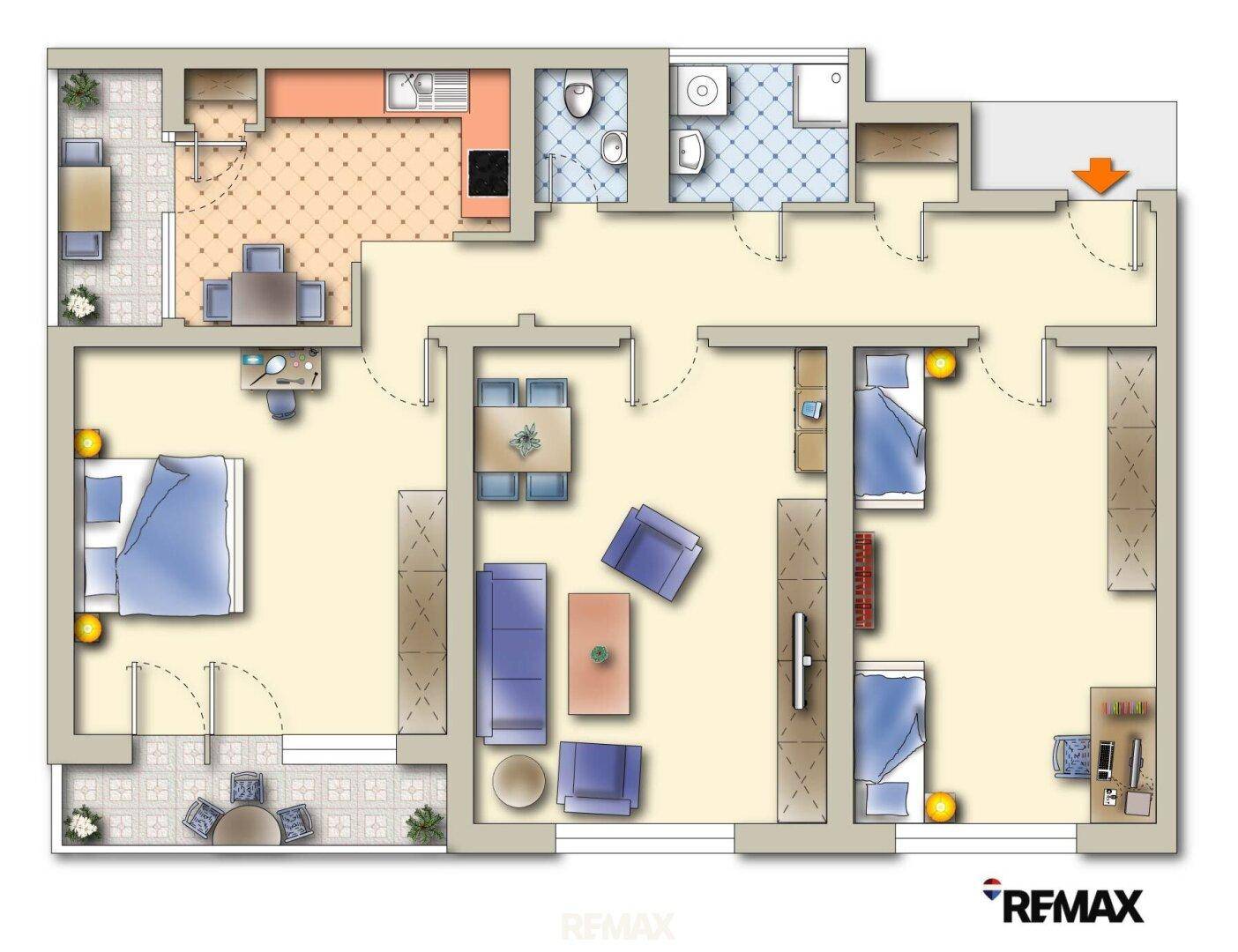 Detaillierter Grundriss einer Wohnung mit mehreren Zimmern und Balkonzugang.
