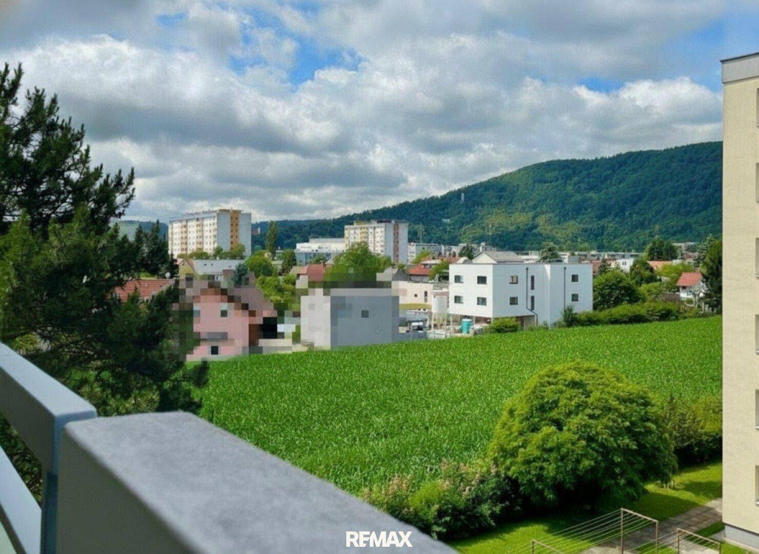 Weitblick über grüne Felder und Wohngebäude unter blauem Himmel.